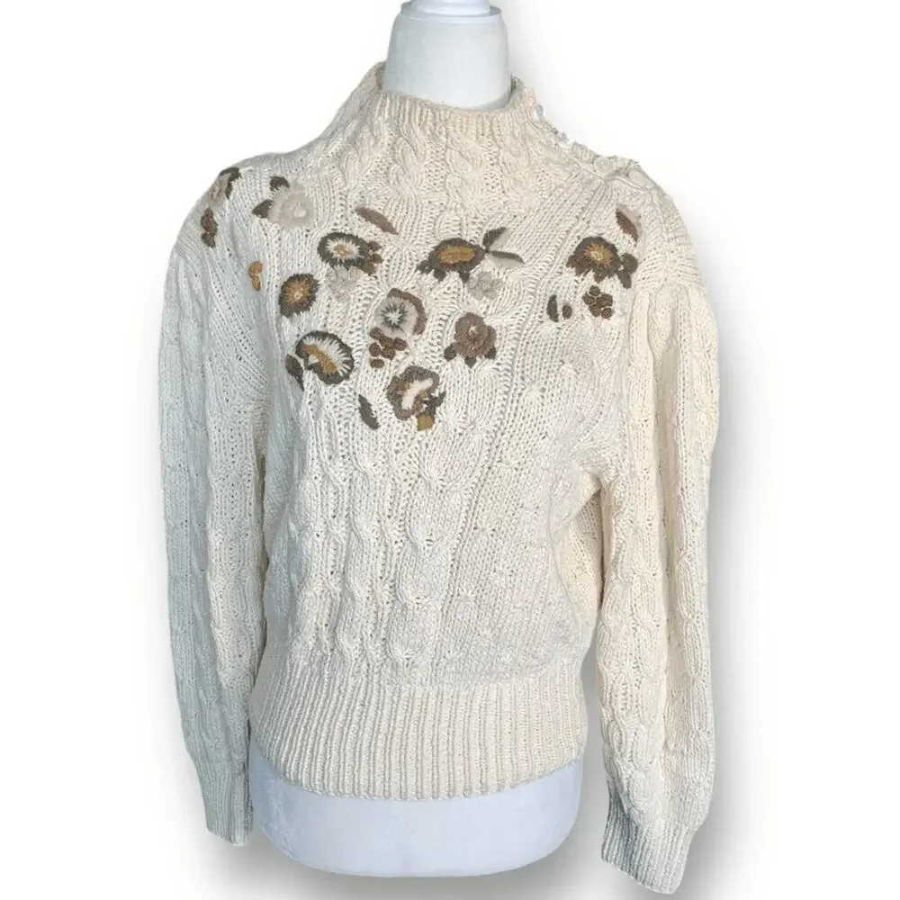 Vintage Liz Claiborne Cream Floral Cable Knit Chunky Sweater 90s Cottage Botanic